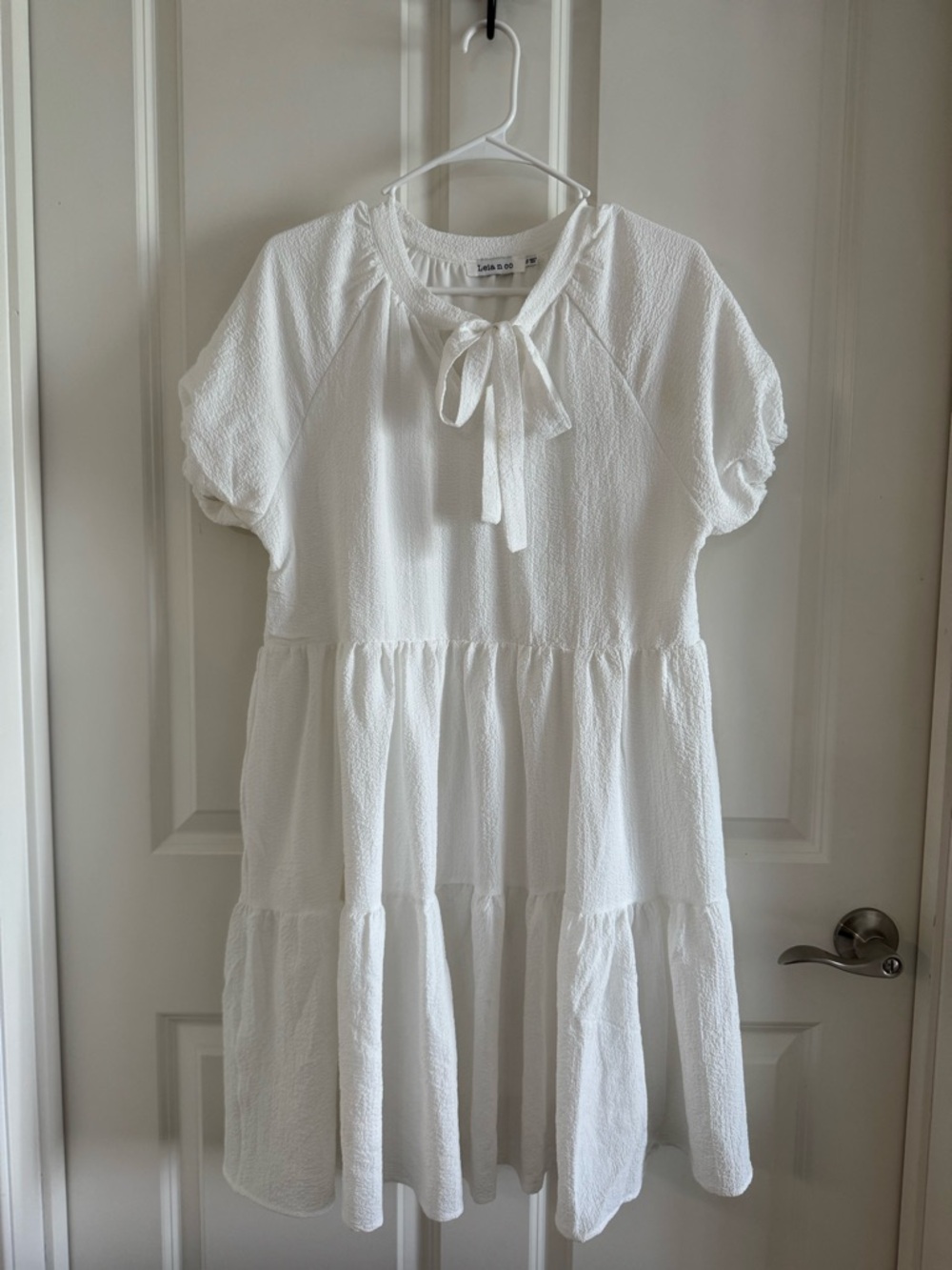 White Tie-Neck Tiered  Dress